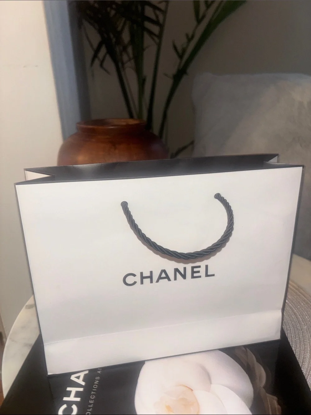 CHANEL White and Black Logo Forever Classic Shopping Bag with Rope Handles